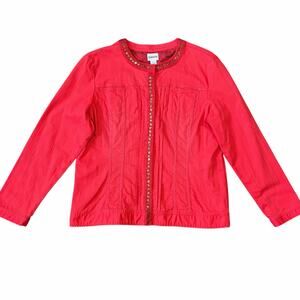 Chico's Womens Button Up Denim Jacket Embellished Vibrant Colorful Red Sz 3